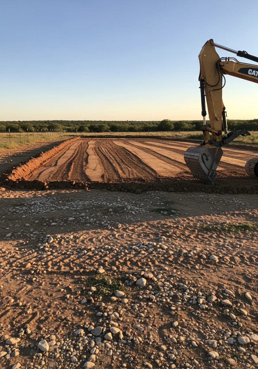Heavy excavation equipment preparing a construction site in Atascosa County with cleared land and grading work