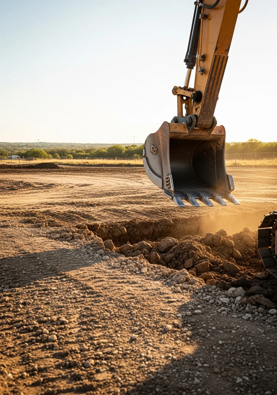 Excavation equipment performing site preparation work on a Bexar County construction project