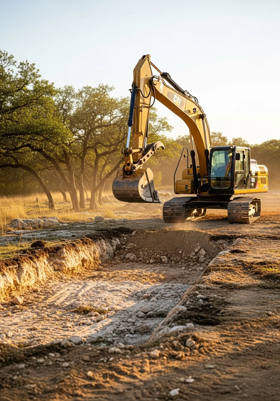 Heavy excavation equipment performing site preparation work on a Helotes property with Hill Country vegetation in background
