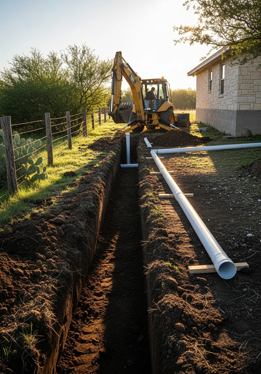 Septic system installation in progress on a Lytle property with trenching and drainage work visible
