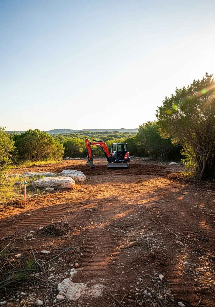 Excavation equipment preparing a residential lot in Northwest San Antonio with spacious property and Hill Country landscape