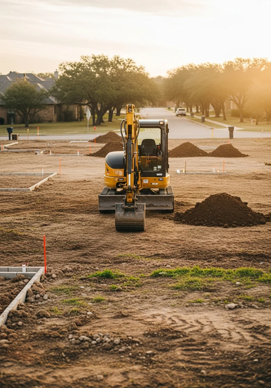 Excavation equipment preparing residential lot for foundation in Schertz subdivision