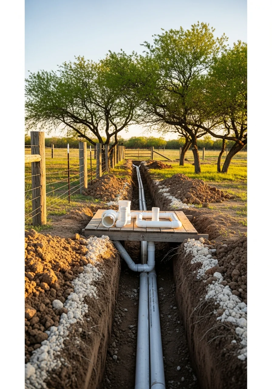 Septic system installation and drainage excavation services in rural Somerset, Texas property