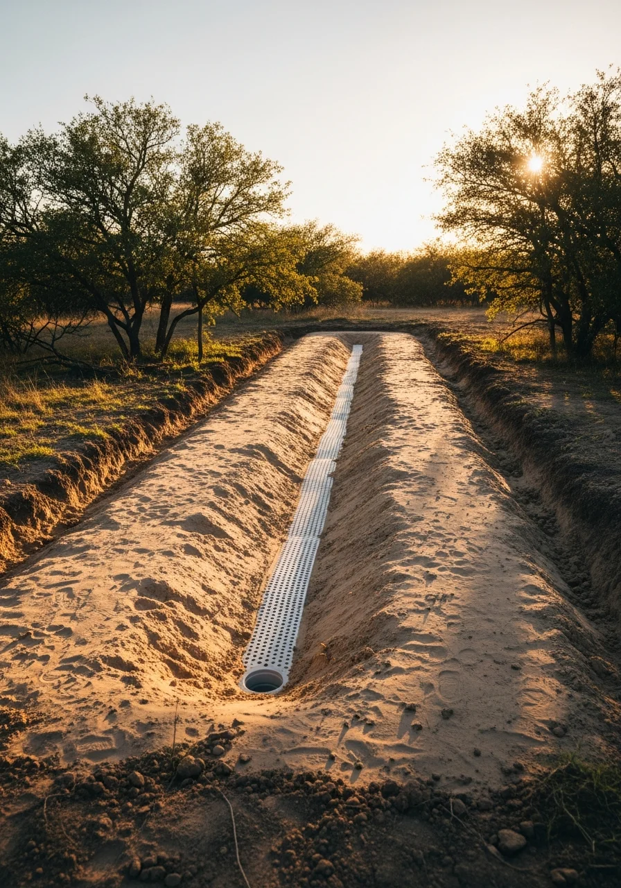 Septic system installation site in South San Antonio with proper drainage field layout