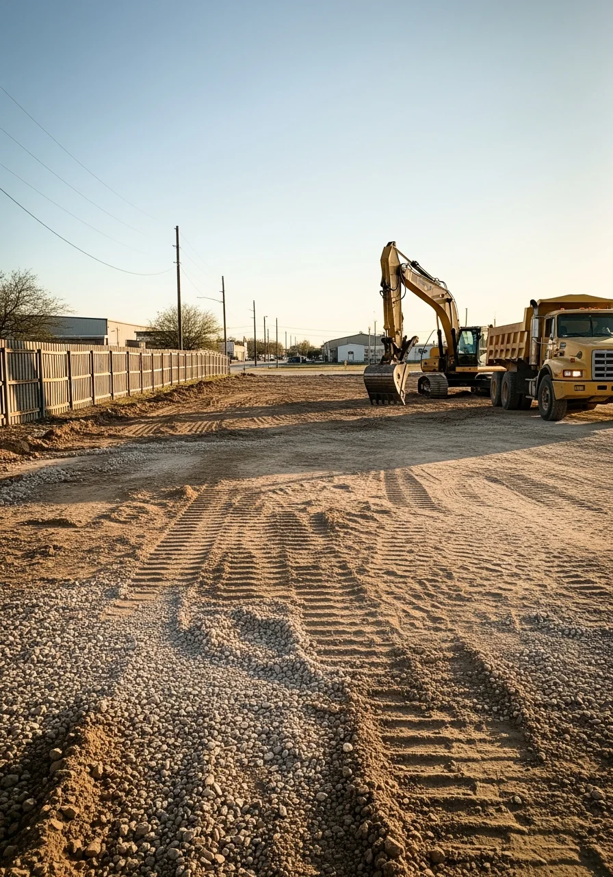 Heavy excavation equipment performing site preparation work on a cleared lot in South San Antonio