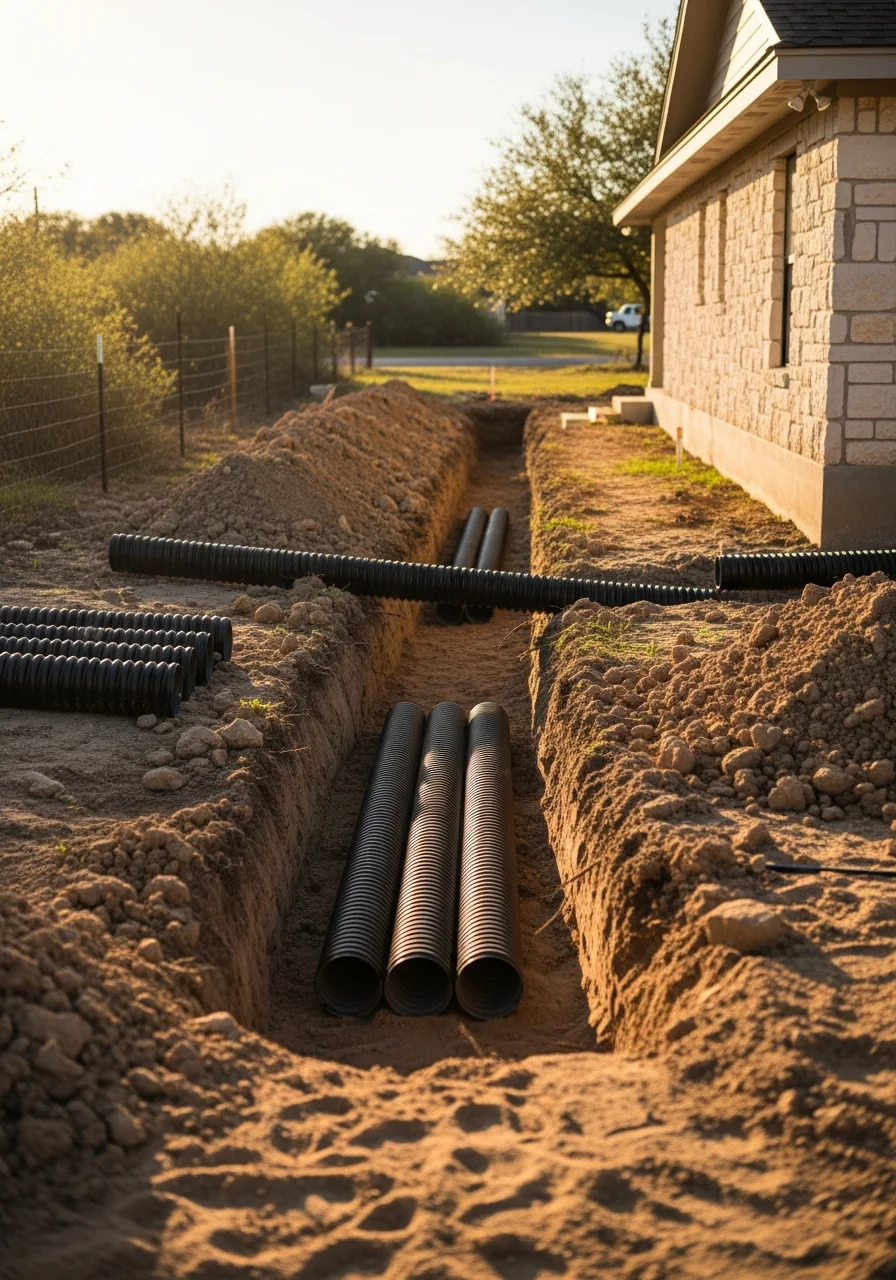 Septic system installation and drainage excavation in Von Ormy residential area near San Antonio