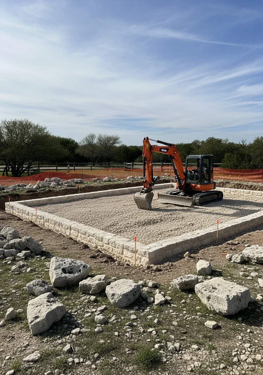 Excavation equipment preparing foundation site in West San Antonio development area