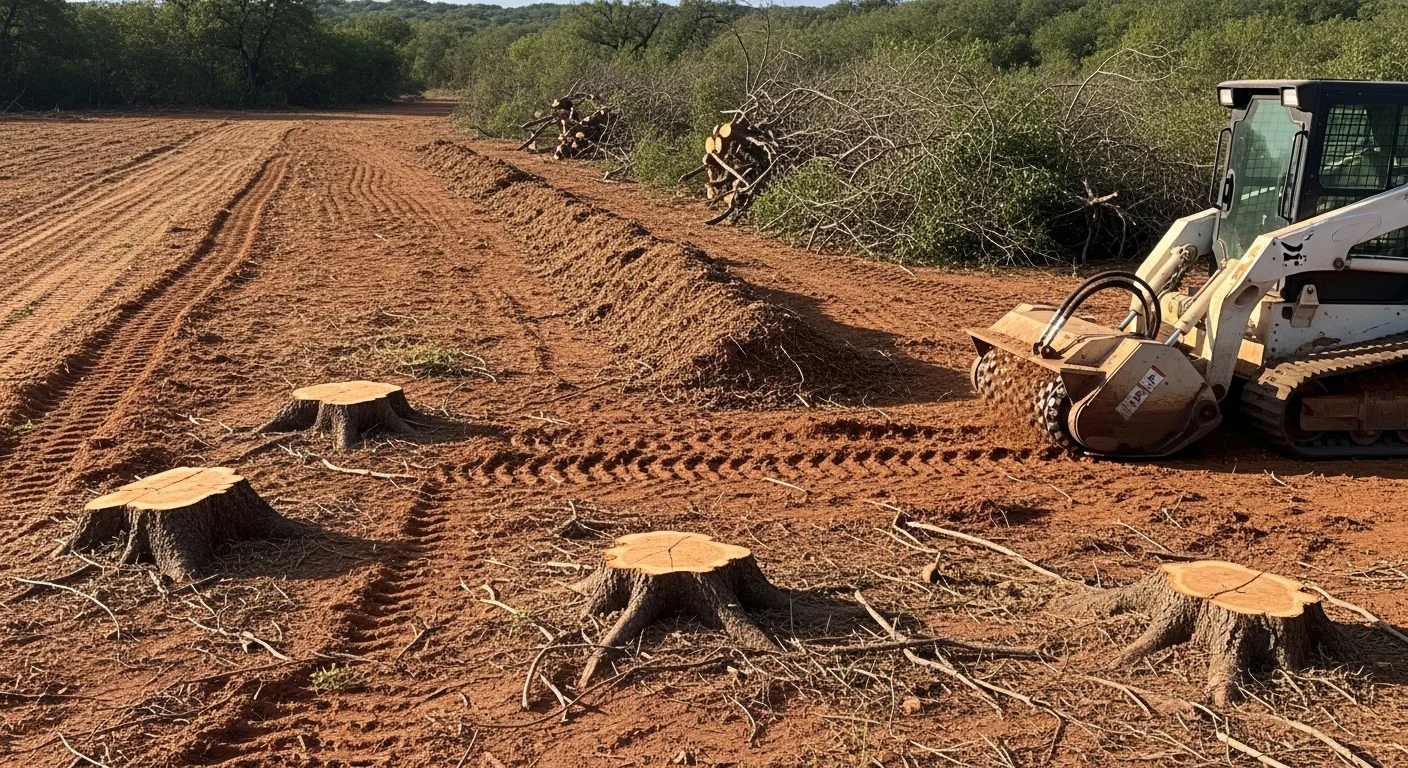 A cleared rural lot in Bexar County, Texas showing cut mesquite stumps and open ground after brush and vegetation removal. The surrounding fence line is visible and accessible with no overgrowth blocking the boundary.