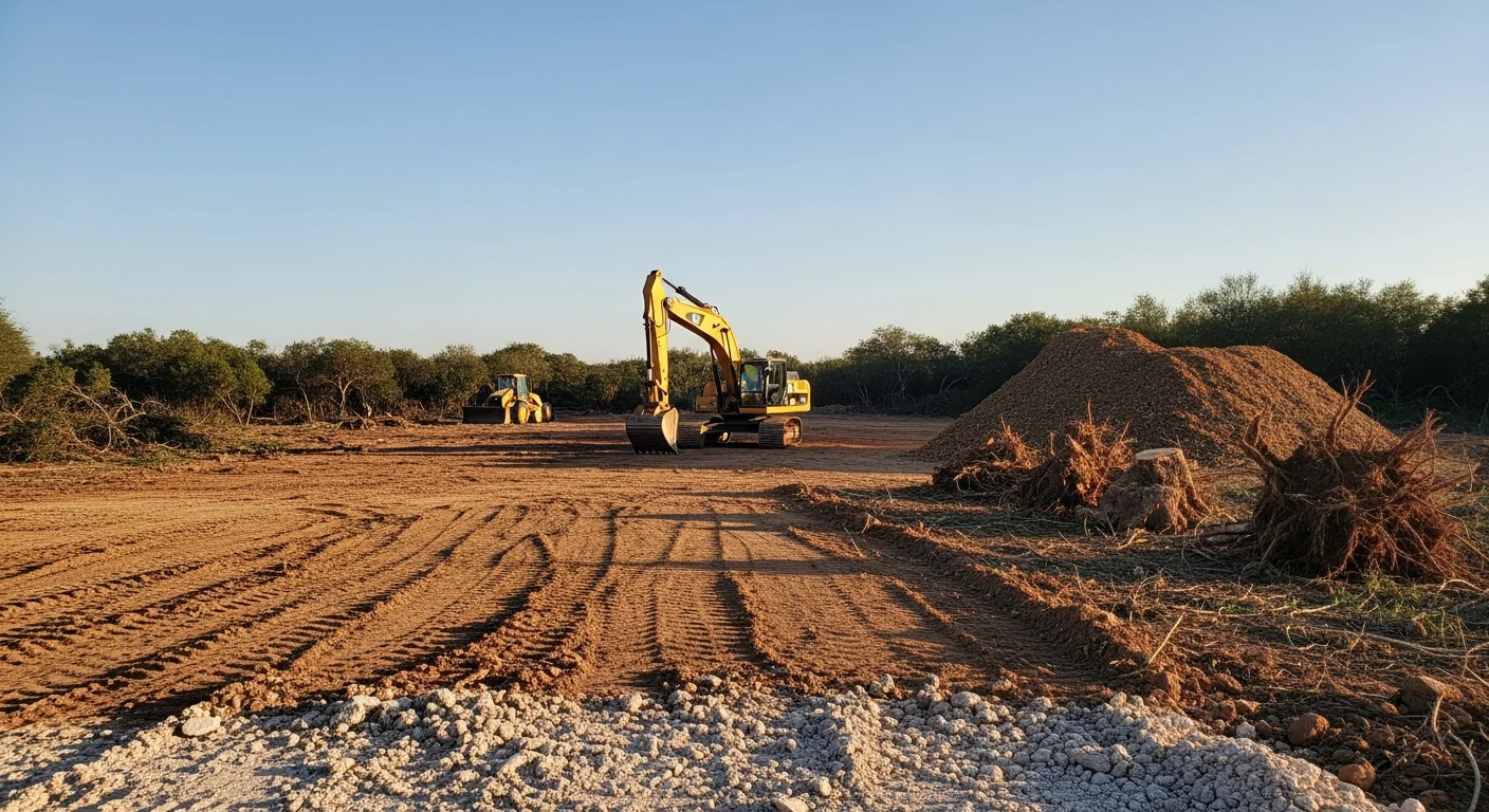 A cleared commercial lot in Baxar County, Texas, with mesquite stumps ground below grade and a level, debris-free surface ready for site grading. Heavy equipment tracks visible across clay soil with no remaining brush or tree cover.