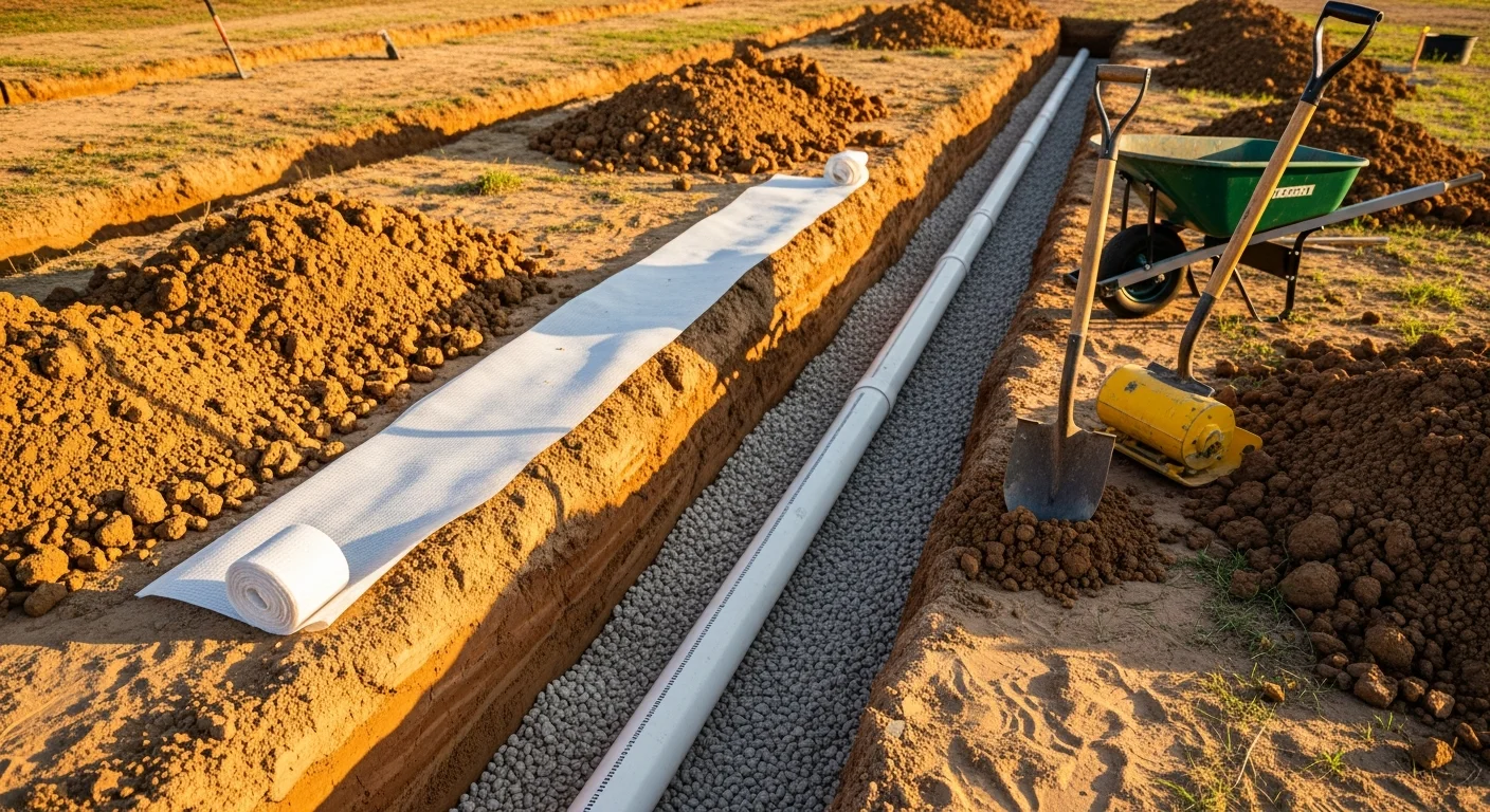 Freshly excavated drain field trenches on a rural Baxar County residential property, showing perforated pipes set in a gravel bed before backfilling. The surrounding yard is graded and clear of equipment after installation.