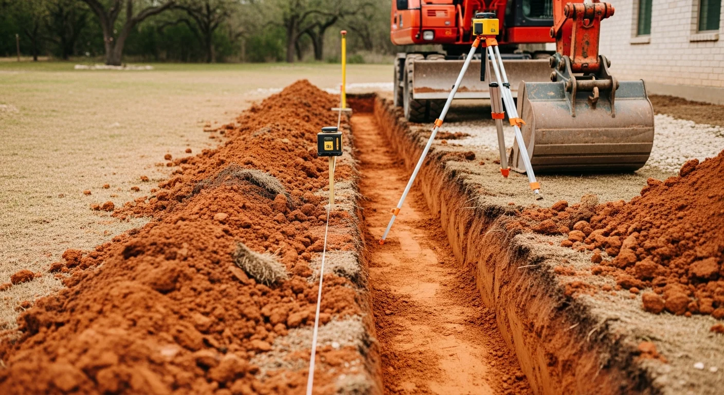 A freshly excavated drainage trench running along the side yard of a residential property in Bexar County, Texas, with clean-cut soil walls and a graded channel bottom sloping away from the home's foundation.