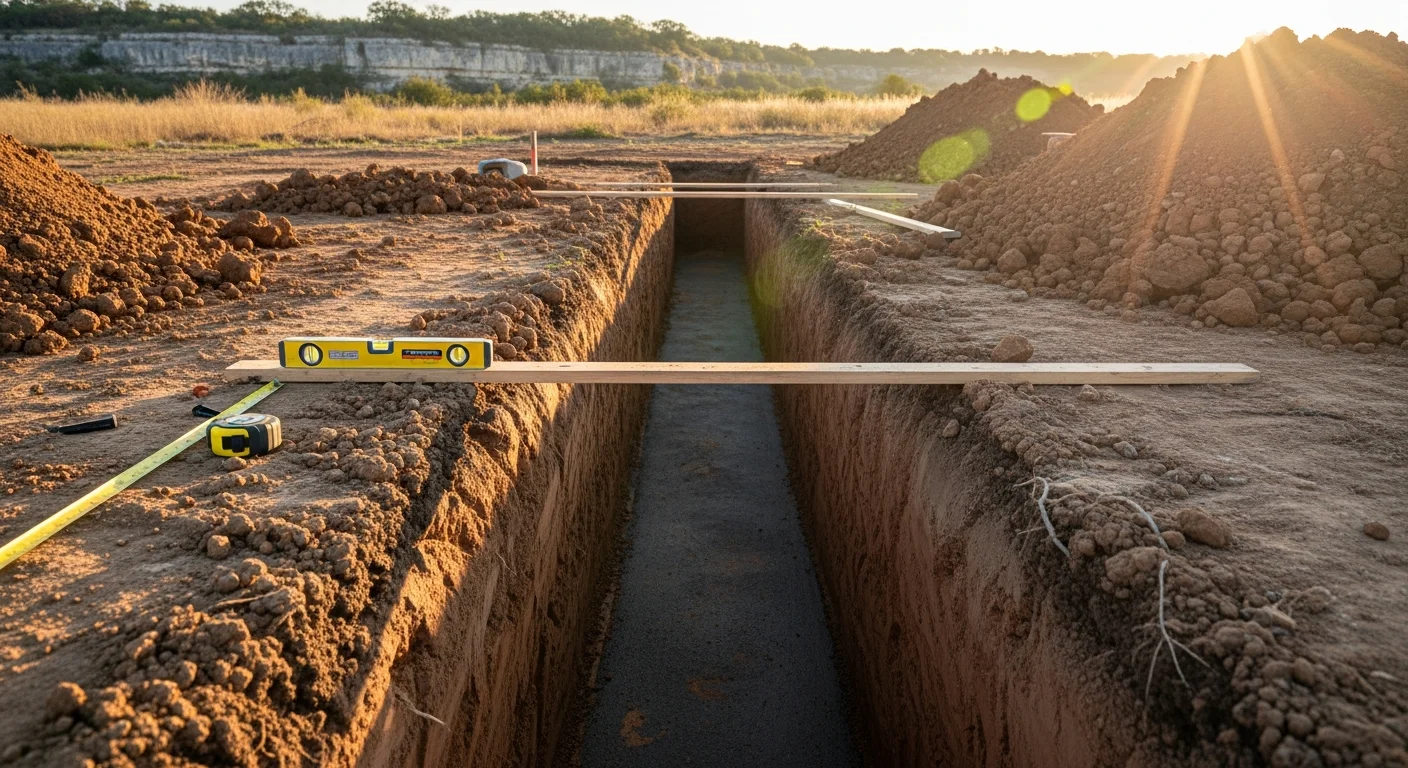 A freshly excavated foundation trench on a Bexar County residential lot, showing level compacted soil walls and a clean, graded base ready for concrete forming. The surrounding terrain reflects the area's characteristic clay soil composition.