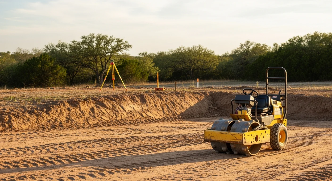 A graded residential lot in Bexar County, Texas, showing a smooth, compacted soil surface sloped away from a concrete foundation pad. Heavy equipment tracks are visible across the leveled clay soil, with a cleared build site ready for construction.