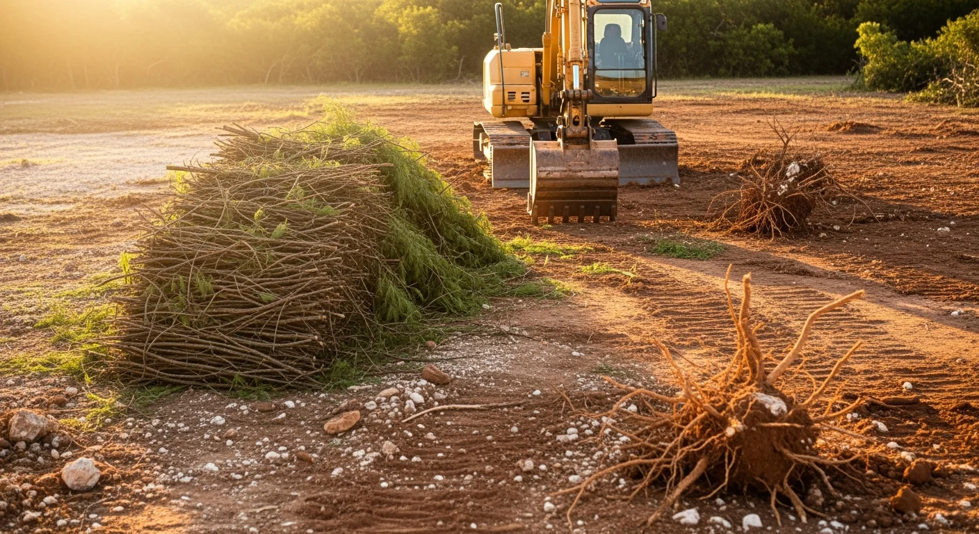 A cleared residential lot in Bexar County, Texas, with stumps and brush removed and bare ground exposed and ready for construction. Heavy clay soil is visible across the leveled surface with no remaining vegetation.