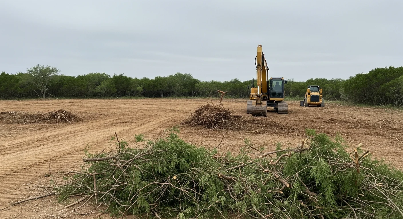 A cleared rural lot in Bexar County, Texas, showing open ground after removal of dense brush, scrub, and overgrown vegetation. The property has visible access paths and clean sight lines across the land.