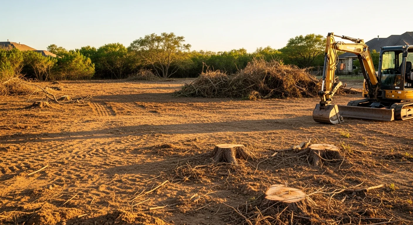 A Bexar County residential lot after land clearing, showing open ground with brush, stumps, and overgrown vegetation fully removed. The cleared site is level and ready for construction or outdoor use.