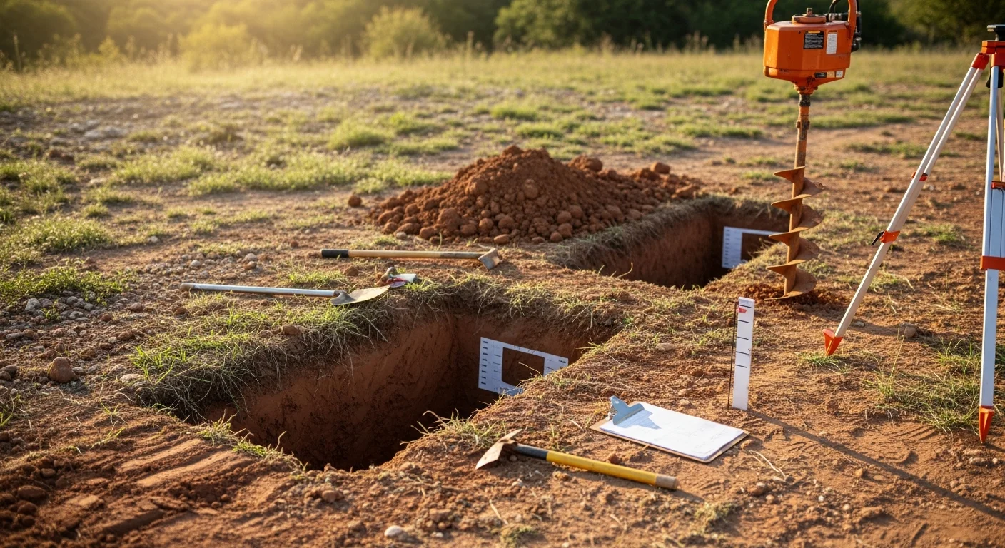 A licensed septic system designer reviewing a site plan and soil evaluation report on an unincorporated Bexar County residential lot. The surrounding terrain shows the clay-heavy soil typical of properties in the area that require aerobic system design.