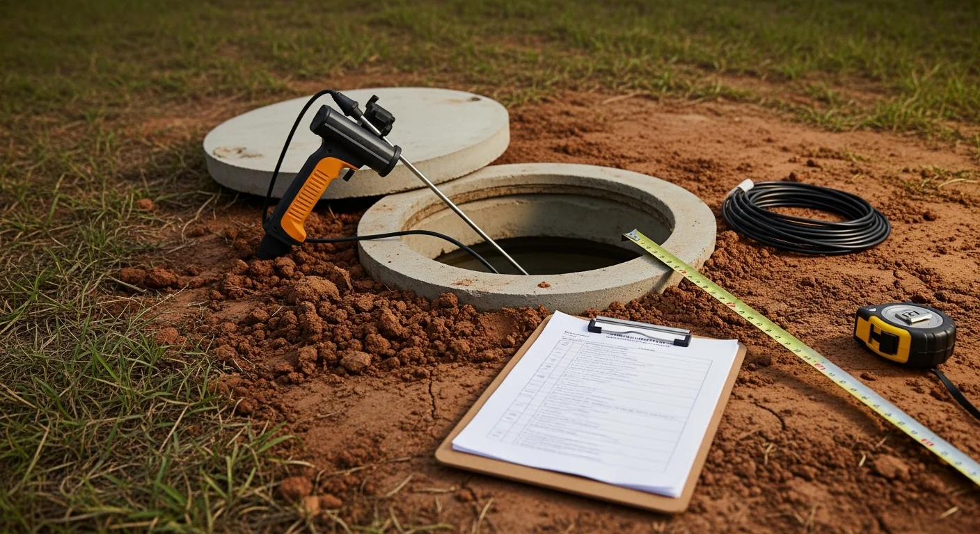 A septic system inspection in progress on a residential property in Bexar County, Texas, with a technician checking the exposed tank lid and surrounding drainfield area. The property shows a rural setting with open yard space typical of Bexar County homes on on-site sewage facilities.