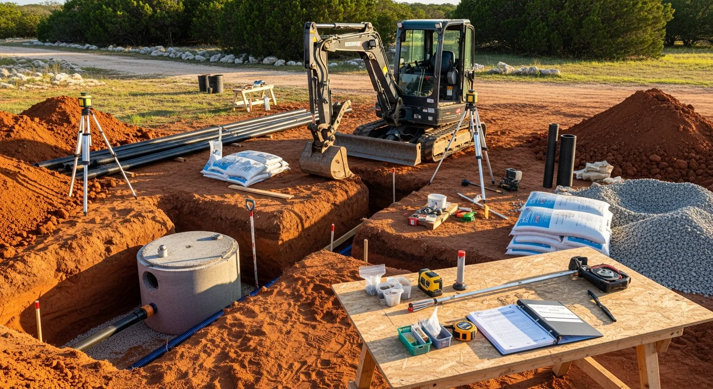 A newly installed septic system on a residential lot in unincorporated Bexar County, Texas, with exposed tank access points and a graded drain field area visible in clay-heavy soil. A TPM Enterprises work truck is parked nearby on the property.