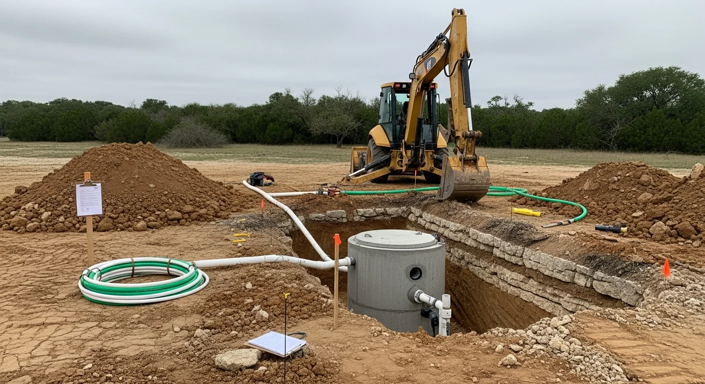 A newly installed septic tank system on a residential property in Bexar County, Texas, with exposed tank risers and a freshly graded yard. A licensed installer inspects the system connections before backfill begins.