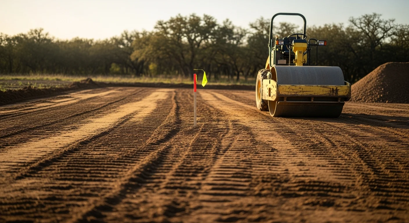 A Bexar County construction lot after site preparation, showing freshly graded and compacted soil with a level building pad and sloped drainage channels along the perimeter. An excavation contractor's equipment is visible at the edge of the cleared site.