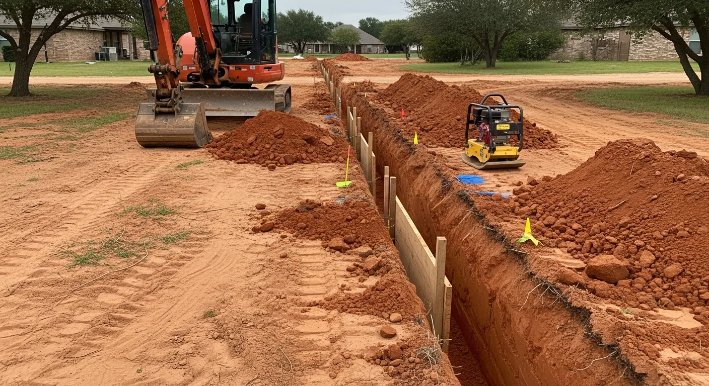 A clean, straight trench dug through a residential yard in Baxar County, showing uniform depth and compacted sidewalls ready for utility line installation. Excavated soil is staged neatly beside the open trench on a clear day.